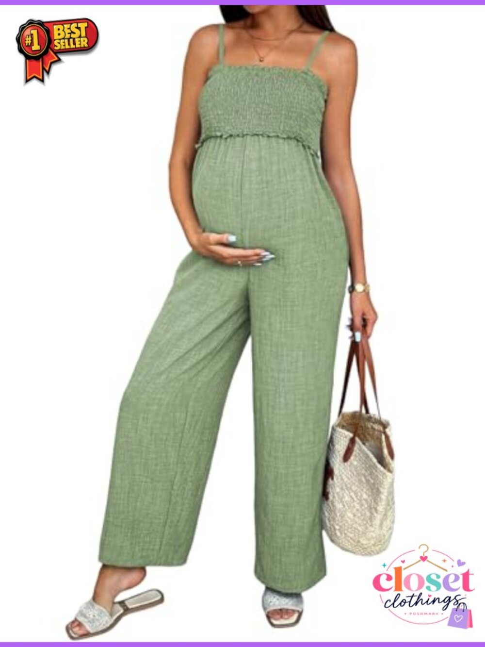 Smocked Maternity Jumpsuit Loose Wide Leg Adjustable Spaghetti Strap